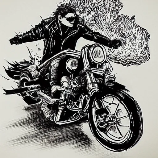 Image similar to hells angel biker riding through a burning street, intricate ink drawing, highly detailed in the style of Ashley Wood