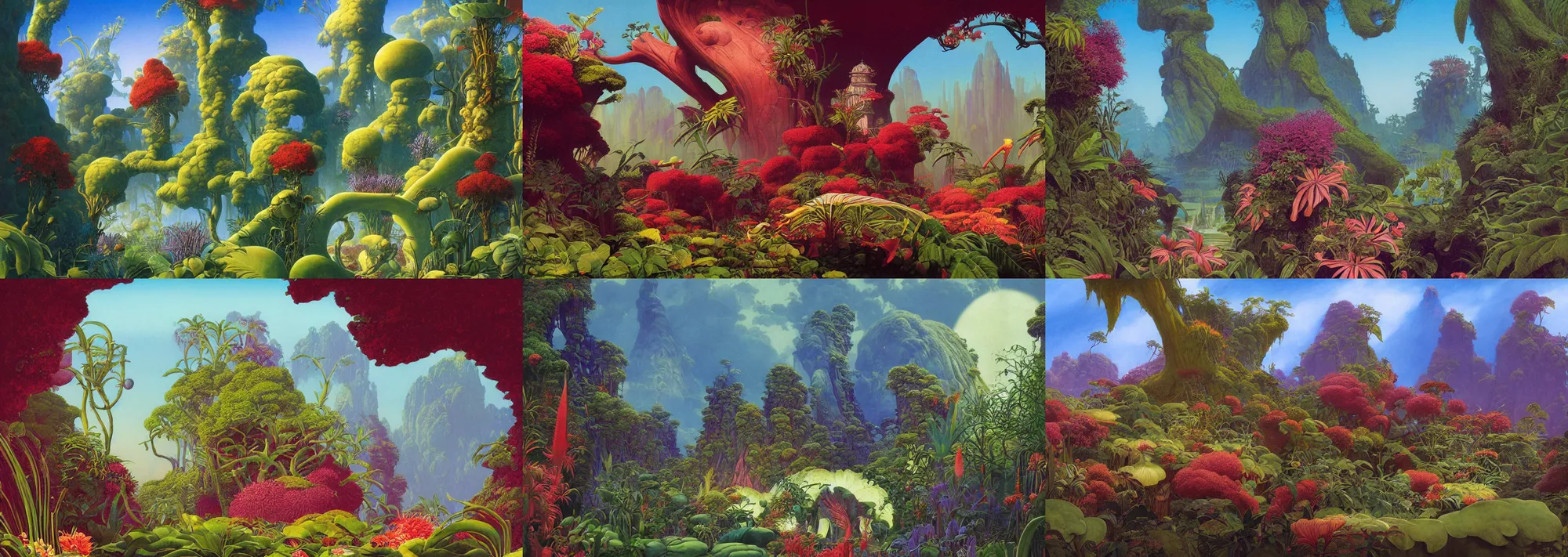 Prompt: beautiful rendering of exotic plants by daniel merriam and moebius and martin johnson heade, xenoplanet by roger dean and moebius, mantra rendering, matte painting, high detailed, 4 k, trending on artstation