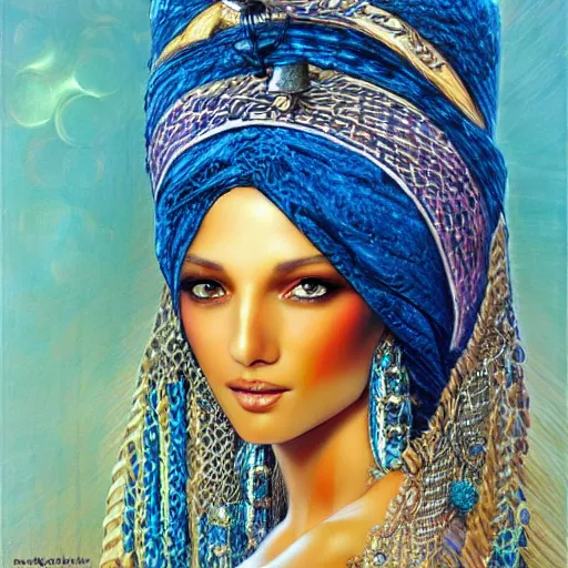 Image similar to a beautiful touareg algerian woman by karol bak, ayami kojima, artgerm, sakimichan, arabian beauty, blue eyes, smile, concept art, fantasy