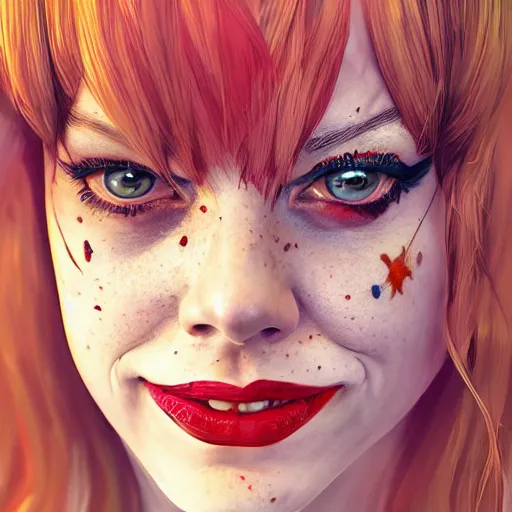 Image similar to portrait of emma stone as harley quinn, au naturel, hyper detailed, digital art, trending in artstation, cinematic lighting, studio quality, smooth render, unreal engine 5 rendered, octane rendered, art style by klimt and nixeu and ian sprigger and wlop and krenz cushart.