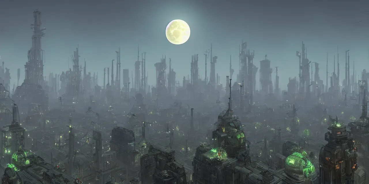 Prompt: a big city like coruscant and rupture farms from oddworld, with green smog sky, tall metal towers, a big moon in the sky, flying vehicles, factories, smoke, in the style of soviet realism