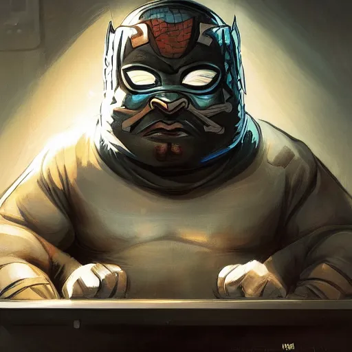 Image similar to a insanely detailed painting of a chubby masked asian man wearing a superhero costume sitting at a desk, staring at the nervously at the computer typing, in the style of peter mohrbacher, dramatic lighting and composition, trending on artstation, concept art, comic book