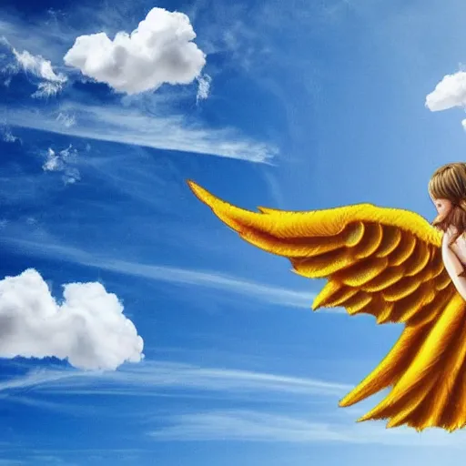 Image similar to bright blu sky. fluffy clouds. angels with big wings wake - up