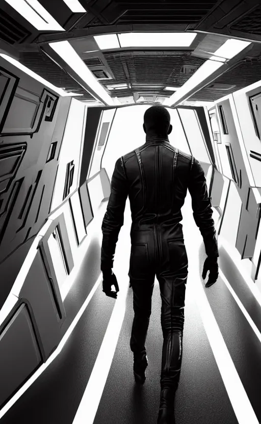 Prompt: hyper - realistic grungy spaceship interior corridor, hyper - detail, an attractive athletic black man wearing a black leather jumpsuit, running, holds a blaster, futuristic space western aesthetic, cinematic composition, cinematic colors, 3 5 mm film, roger deakins style, realistic film, no signature, 8 k