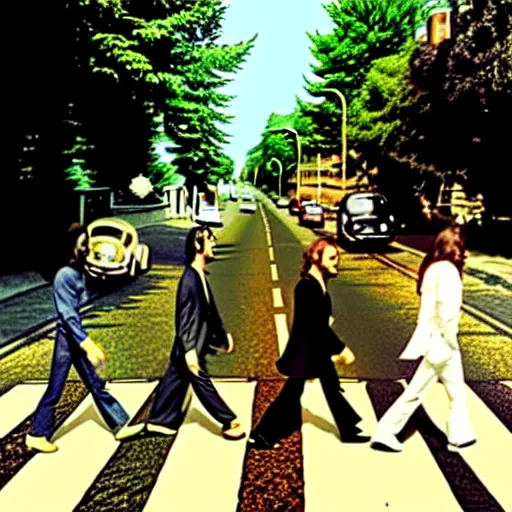 Prompt: abbey road album cover but the beatles slipped and fell