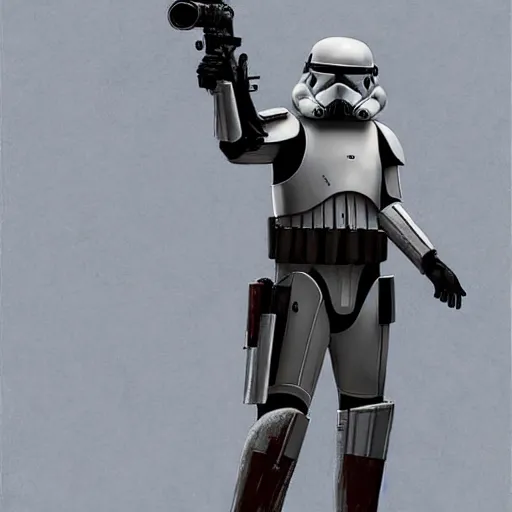 Image similar to an extremely long shot of an imperial stormtrooper in battle position ready to shoot his blaster concept art by Doug Chiang cinematic, realistic painting, high definition, very detailed, extremely high detail, photo realistic, concept art, the Mandalorian concept art style