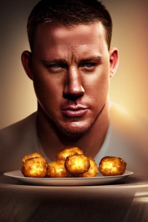 Image similar to a head shot of channing tatum as half human and a tater tot on a plate, tater tot face, ef 8 5 mm f 1. 8 usm, bionic scifi alexandre ferra, hyper detailed, digital art, trending in artstation, cinematic lighting, studio quality, smooth render, unreal engine 5 rendered, octane rendered