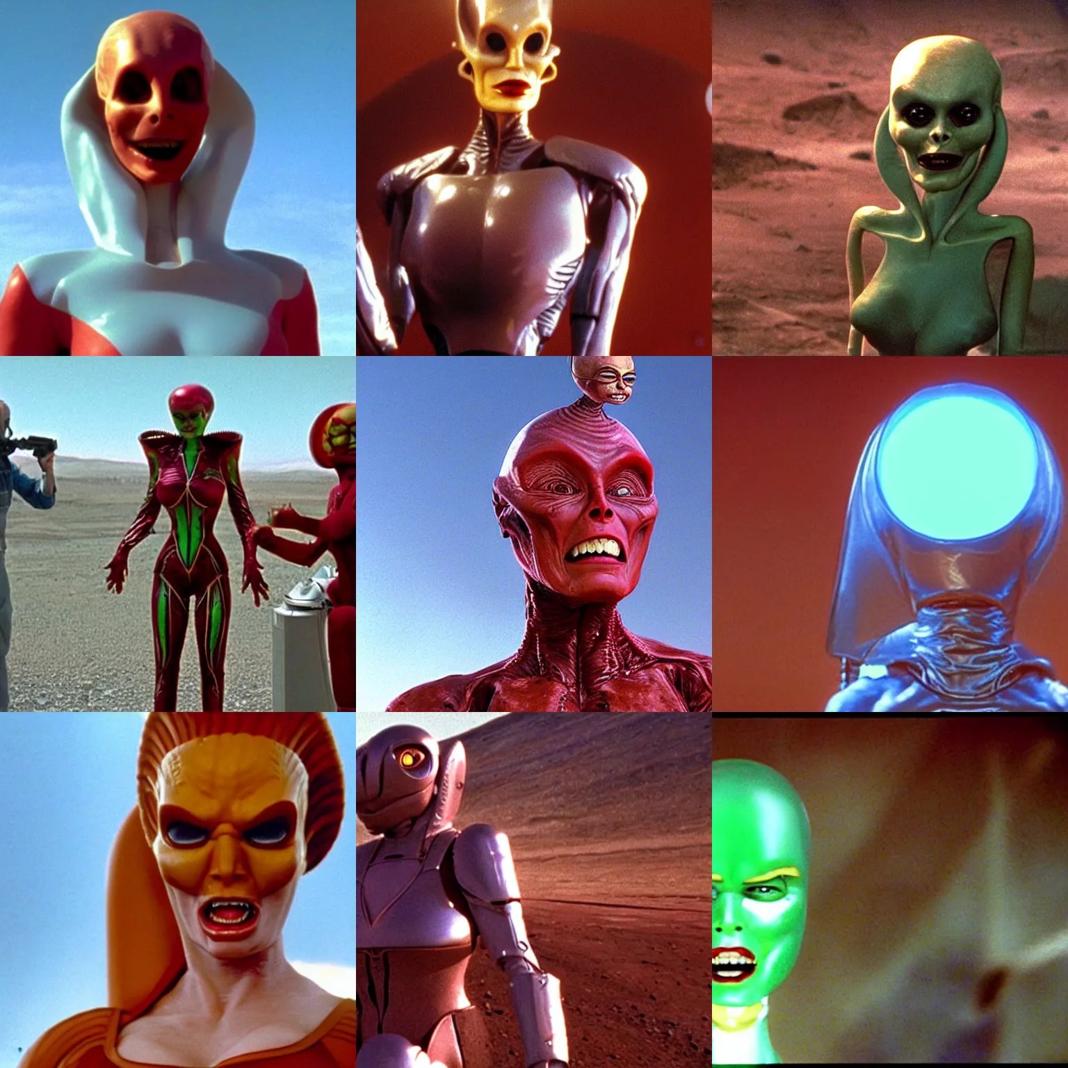 Prompt: a still of Elon Musk as the alien woman in Mars Attacks(1996)