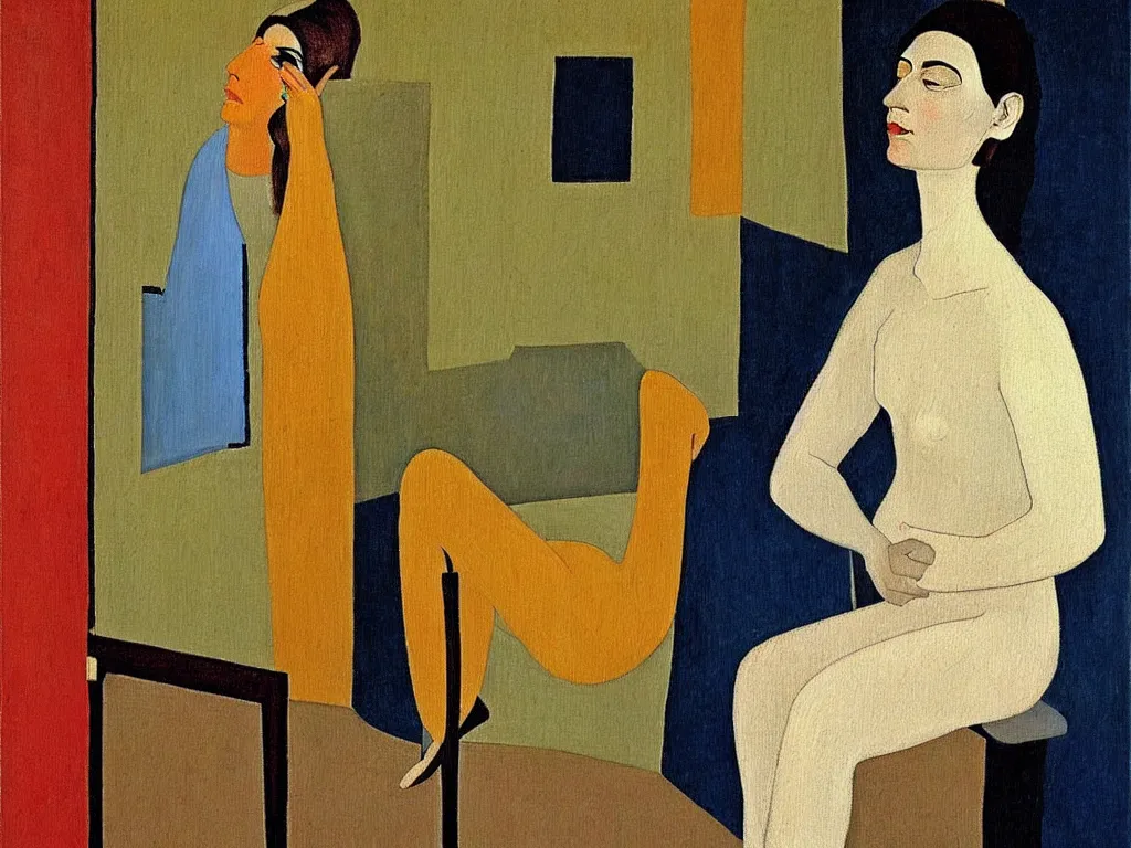 Image similar to a painted portrait of a women in thought outside, art by felice casorati, aesthetically pleasing and harmonious colors, expressionism