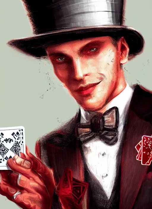 Image similar to a highly detailed illustration of stylish top hat wearing red haired attractive man, wearing suit vest, flashy pose, playing card background, intricate, elegant, highly detailed, centered, digital painting, artstation, concept art, smooth, sharp focus, league of legends concept art, WLOP