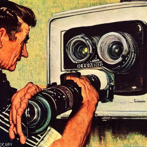 Prompt: norman rockwell painting of a television crew member holding a large television - video - camera