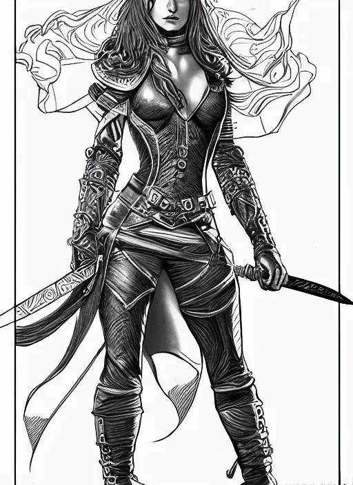 Prompt: a character lineart of a beautiful swordmaiden in leather armor, drawn with pencil, comic art, outlines, intricate, by everton sousa,
