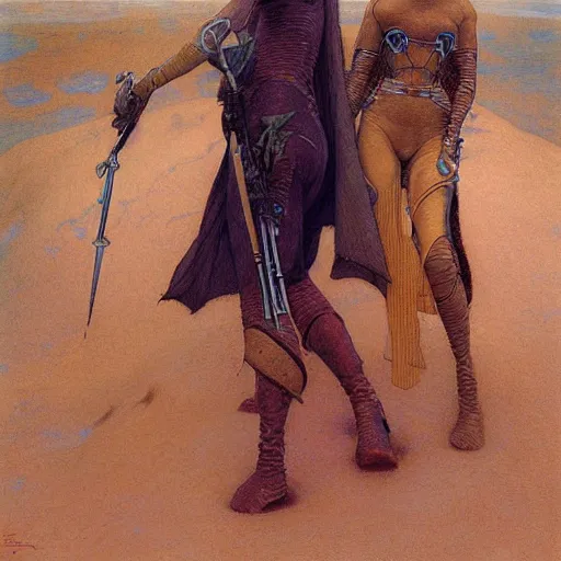 Image similar to beautiful female Fremen on Dune, by Edgar Maxence and Ross Tran and Michael Whelan and Gustav Klimpt