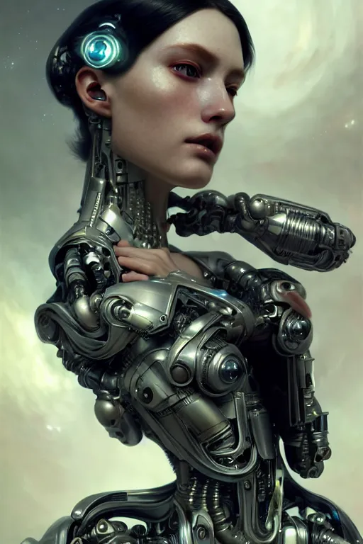 Image similar to an ultra realistic beautiful cyborg woman with eyes-closed, sci-fi, cyberpunk, intricate details, elegant, highly detailed, photorealistic, digital painting, octane render, concept art, eerie, 8k, art by artgerm and craig mullin and alphonse mucha and moebius and paolo roversi and greg rutkowski