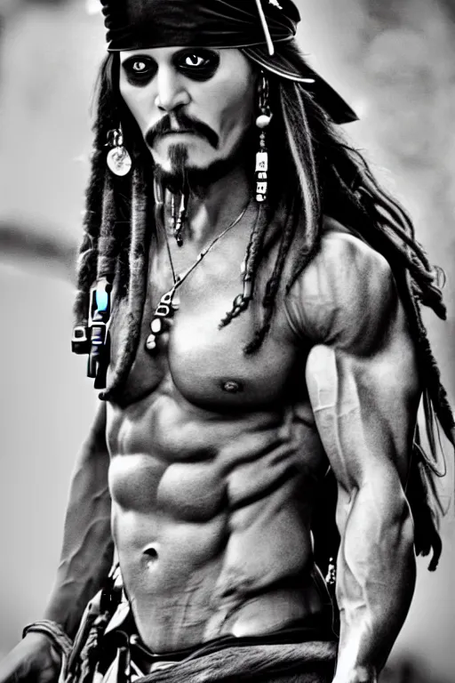 Prompt: Jack Sparrow is a jacked muscle builder gigachad, grayscale photography