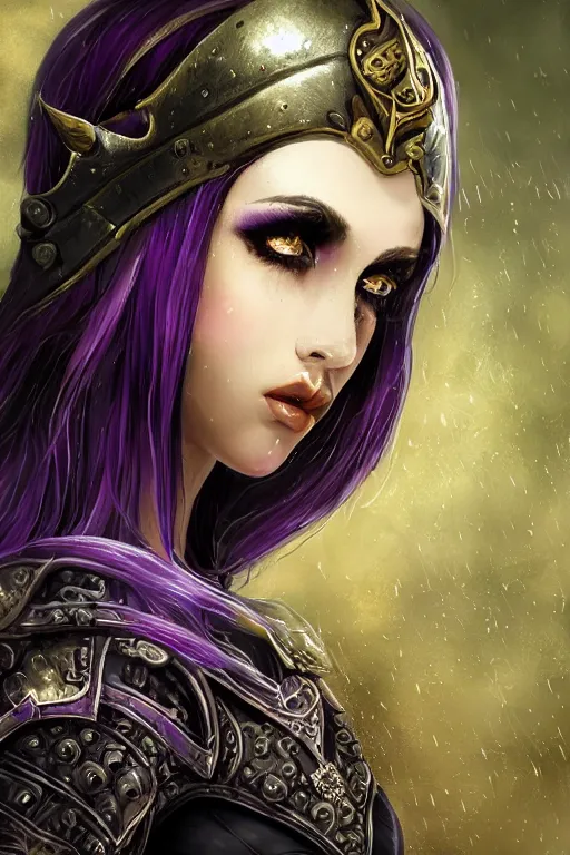 Image similar to portrait evilly knights of Zodiac girl+smoky eyes, metalic deep purple and black reflected armor, in ruined Agora of Athens thuder flash night and stormy rainning, ssci-fi, fantasy, intricate, very very beautiful, elegant, golden light, highly detailed, digital painting, artstation, concept art, smooth, sharp focus, illustration, art by tian zi and WLOP and alphonse mucha