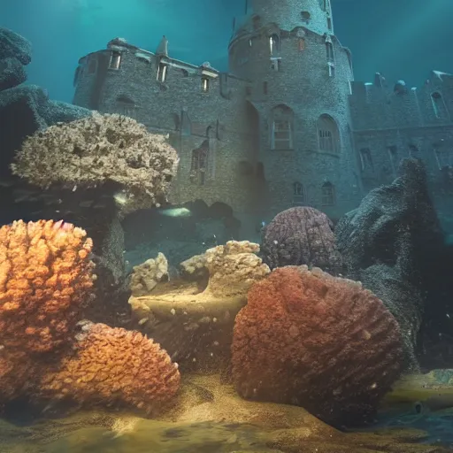 Image similar to underwater Edinburgh Castle, deep underwater, fish shoal, concept art in style of Greg Rutkowki, dynamic moody lighting, 4k, very highly detailed