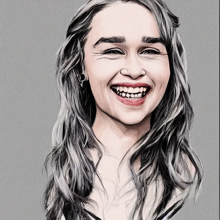 Image similar to an amaze - art painting of emilia clarke using single line, realism, smiling face