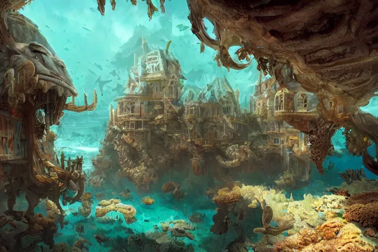 Image similar to underwater scene, on the sandy ocean floor, a typical european house with a slate roof, coral reef, school of fishes, shark, scenic view, atmospheric blue tonality matte painting by marc simonetti and hubert robert, trending on artstation