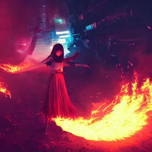 Image similar to a girl like yoona, in a glowing skirt, casting fire spell, background cyberpunk spaceship, full shot, photo, geometries, Fibonacci volumetric lighting, epic composition, intricate details, dark neon punk, by denis villeneuve and WLOP