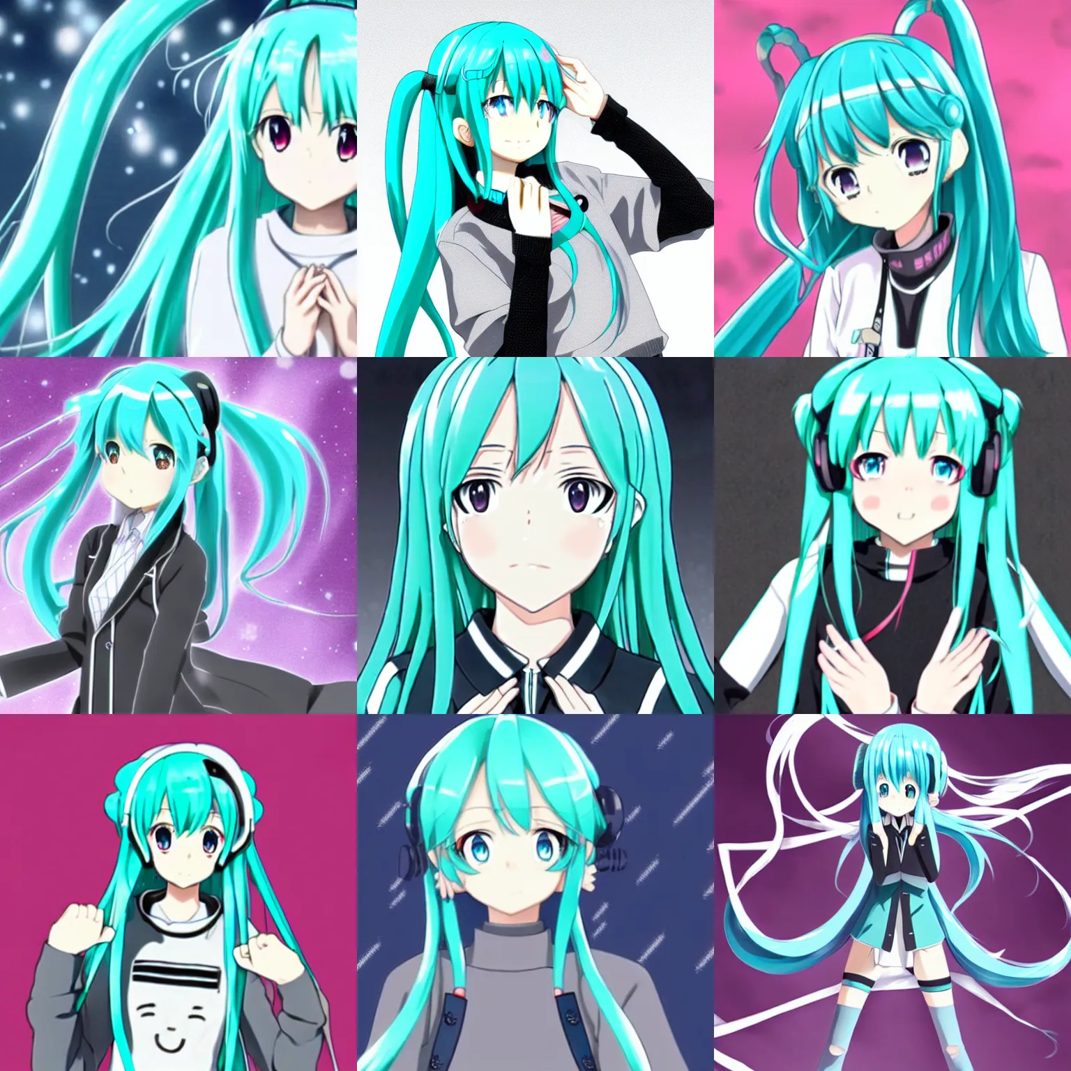 Image similar to hatsune miku anime in a grey sweater