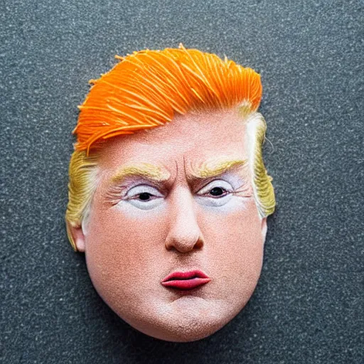 Image similar to edible donald trump made step by step : 1 ) face is made of orange pieces 2 ) hair is made of shredded lemon skin 3 ) suit is made of blueberries and whipped cream 4 ) fine details are filled in using sprinkles, from the beautiful'food art collection ', dslr
