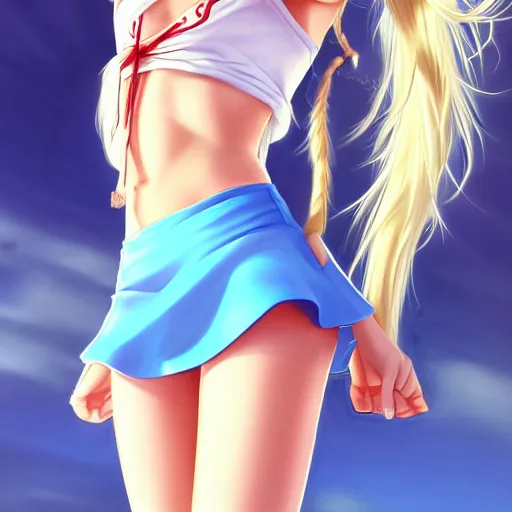 Image similar to a very beautiful young anime tennis girl, full body, long dreadlocks blond hair, sky blue eyes, full round face, short smile, bikini, miniskirt, highly detailed, cinematic wallpaper by stanley artgerm lau
