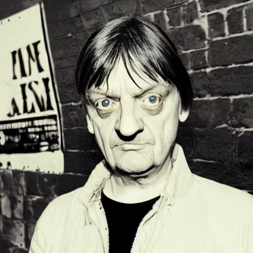 Prompt: mark e smith with a price tag on his head that says for sale