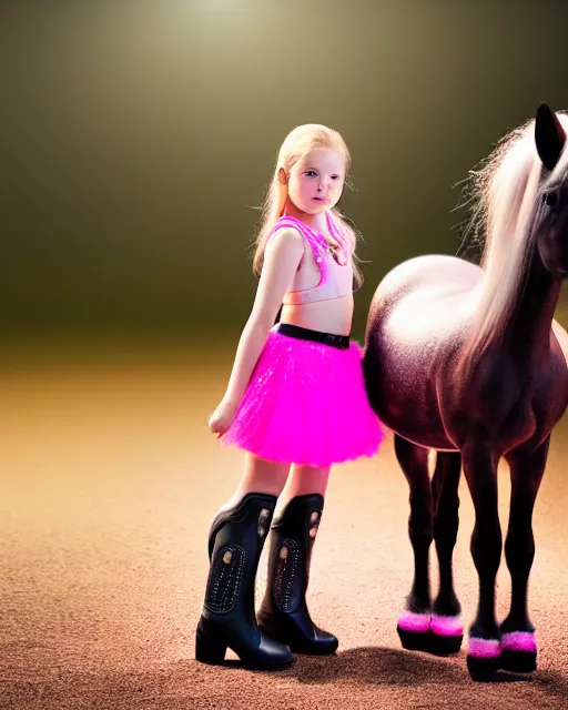 Image similar to young girl with rider boots, next to her is a pink pony, photo taken by nikon, sharp focus, highly detailed, studio lightning, 4 k