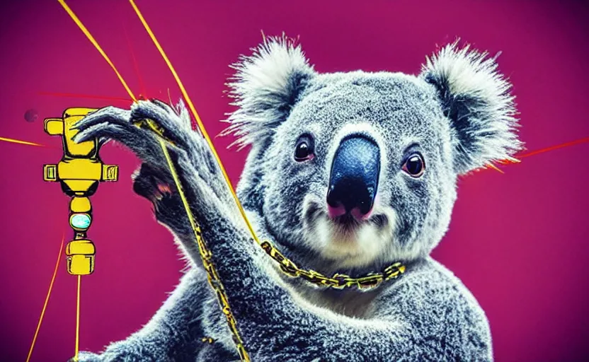 Image similar to “ cute koala with very big eyes, wearing a bandana and chain, holding a laser gun, standing on a desk, digital art, award winning ”