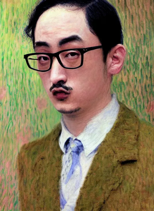 Image similar to Filthy Frank wearing blue dirty spaghetti stained dress shirt, rule of thirds, accurately portrayed, portrait art by Claude Monet, highly detailed, digital painting, concept art, illustration, imperial Japanese flag background, trending on artstation, very detailed, smooth, sharp focus, octane render, close up