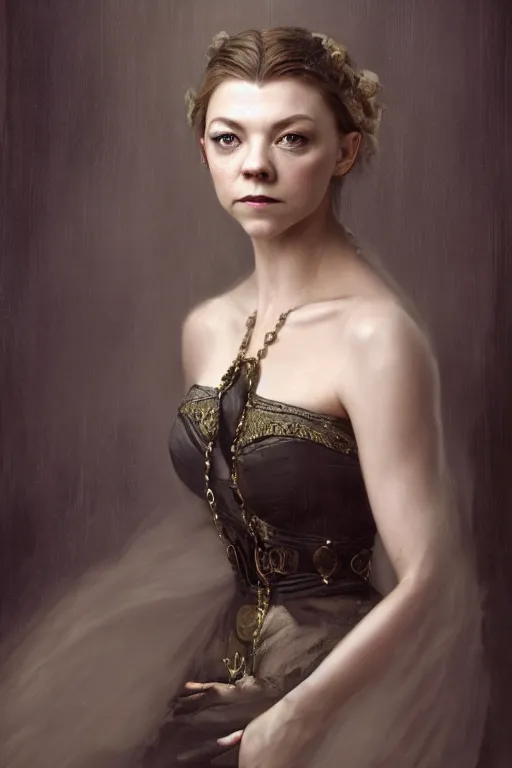 Prompt: a portrait of Natalie Dormer as an elegant beautiful dark bohemian vampire woman, bored, illustration, dramatic lighting, soft details, painting oil on canvas, art nouveau, octane render, HDR, 4k, 8k, HD, by Edmund Blair Leighton, Brom, Charlie Bowater, trending on artstation, faces by Tom Bagshaw, Sargent