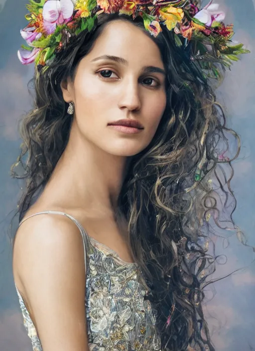 Prompt: an oil on canvas portrait! of Adria Arjona as an ethereal beauty with wavy hair covered by an orchid floral crown. The royal dress is made of intricate gold and silver threads with jewellery, composing complex geometrical patterns, zenithal lighting, shot on 70 mm, by Alina Ivanchenko and Hirothropologie and Patrick DeMarchelier .