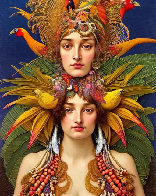 Image similar to hyperrealistic detailed face portrait of the beautiful goddess of the golden pheasants with an intricate headgear of golden pheasant, red berries, leaves, field flowers, pears, apples, art by ernst haeckel, john william godward, android jones, alphonso mucha, h. r. giger, gothic - cyberpunk, ornamental, beautiful deep colours,