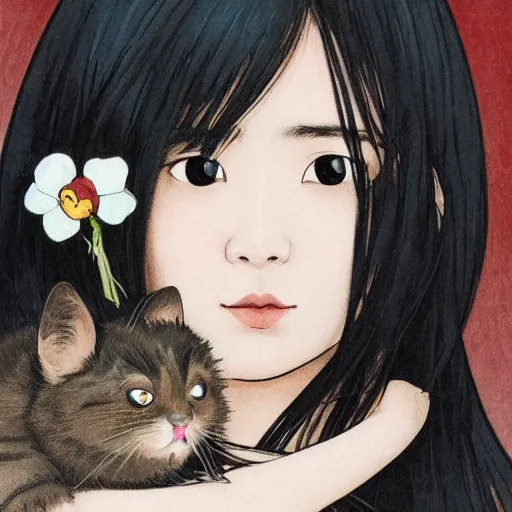 Image similar to cute emo taiwanese woman, with long dark hair, thick eyebrows!!! dark eyes and dark circles!, wide nose!!!, big eyes, oval face shape, big cheeks!, she is holding a cat in her arms, by juan villafuerte, greg rutkowski and alphonse mucha, pexels contest winner, high quality photo, hd rtx