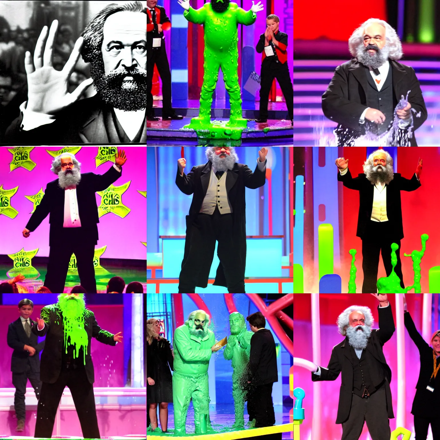 Prompt: karl marx getting slimed at the kid's choice awards