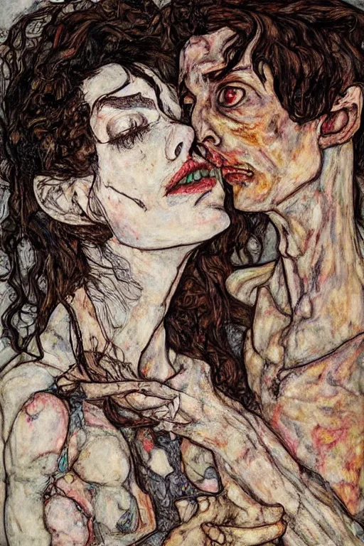 Prompt: two kissing characters in style of herakut and egon schiele, masterpiece, centered, hyperdetailed, complex, intricate, veiled, 4 k, dynamic!! trending on artstation,