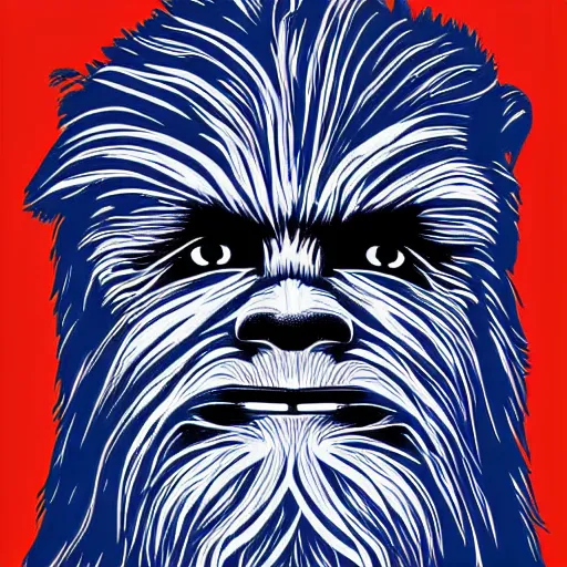 Image similar to chewbacca presidential election poster showing close up of chewbacca face red and blue duotone screenprint by sheperd fairey