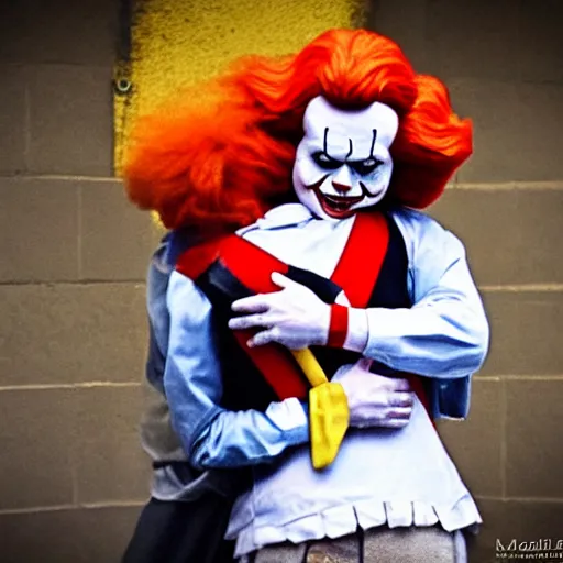 Prompt: Ronald McDonald hugging Pennywise