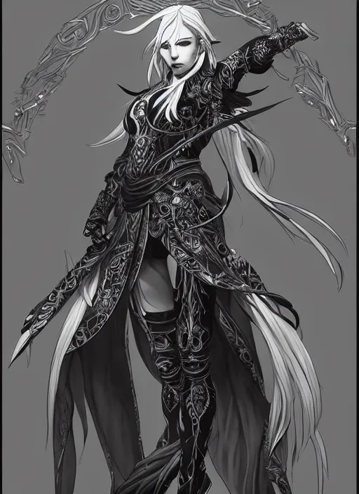 Image similar to Full body portrait of a beautiful elven female mage with black and white hair in ornate gray mage robe. In style of Yoji Shinkawa and Hyung-tae Kim, trending on ArtStation, dark fantasy, great composition, concept art, highly detailed.