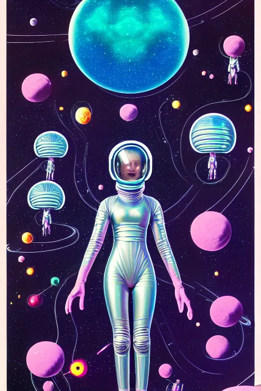 Image similar to render of crenelated chrome space - suits protect the jovial jellyfish princess from certain doom as the planet they orbit sends elastic aerochrome nets attack them, tristan eaton, victo ngai, maxfield parrish, artgerm, koons, ryden, intricated details, 3 / 4 view, space scene illustration on black paper
