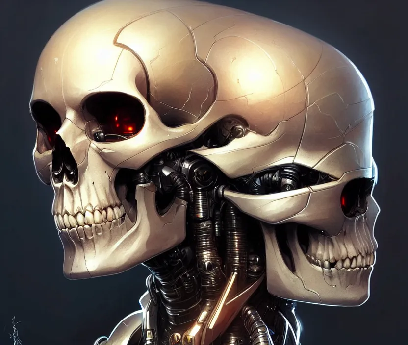 Image similar to Cyborg skull front view, sci-fi, highly detailed, digital painting, artstation, concept art, smooth, sharp focus, illustration, art by artgerm and greg rutkowski and alphonse mucha