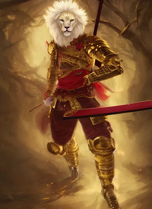 Prompt: aesthetic portrait commission of a of a male fully furry muscular anthro albino lion holding a golden katana and wearing shiny and wet heavy red and gold royal samurai full armor in a Japanese forest while storming, cinematic epic shot. Character design by charlie bowater, ross tran, artgerm, and makoto shinkai, detailed, inked, western comic book art, 2021 award winning film poster painting