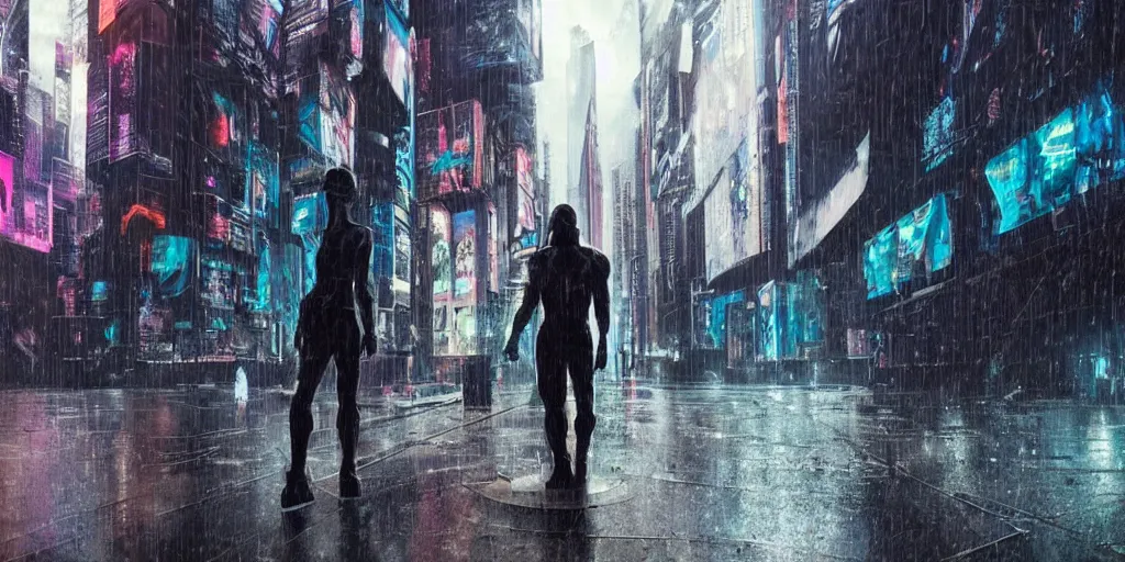 Image similar to cyberpunk statue, rain, space