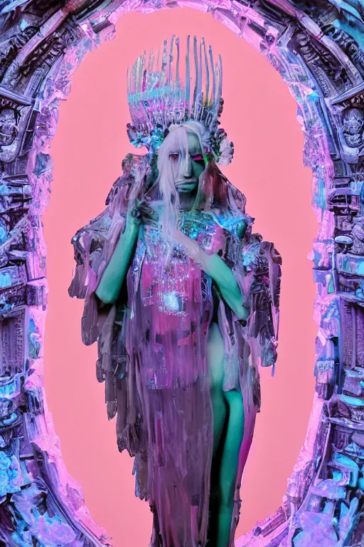 Image similar to photo of full-body baroque and cyberpunk delicate neon crystalline sculpture of ((beautiful feminie albino Italian princess )) as an onyx humanoid deity wearing ((peach plastic hooded cloak)) (holding an onyx skull) in a onyx aztec temple, reclining, glowing blue face, crown of (pink lasers), large blue diamonds, swirling black silk fabric. futuristic elements. oozing glowing liquid, full-length view. space robots. intricate artwork by caravaggio. Trending on artstation, octane render, cinematic lighting from the right, hyper realism, photorealistic, octane render, 8k, depth of field, 3D