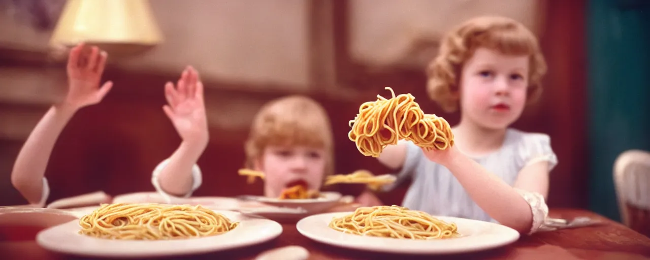 Image similar to a young queen elizabeth waving while eating spaghetti, canon 2 0 mm, shallow depth of field, wes anderson, kodachrome