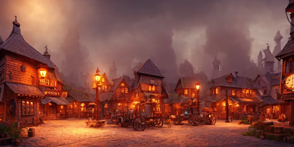 Image similar to a small steampunk wooden village, rich, soft colours, natural, steam, big clocks, concept art, octane render, unreal engine, in the style of luca guadagnino, highly detailed, high quality, artstation, digital art, 8 k hdr, cinematic, dramatic lighting, scenic, rich colour scheme