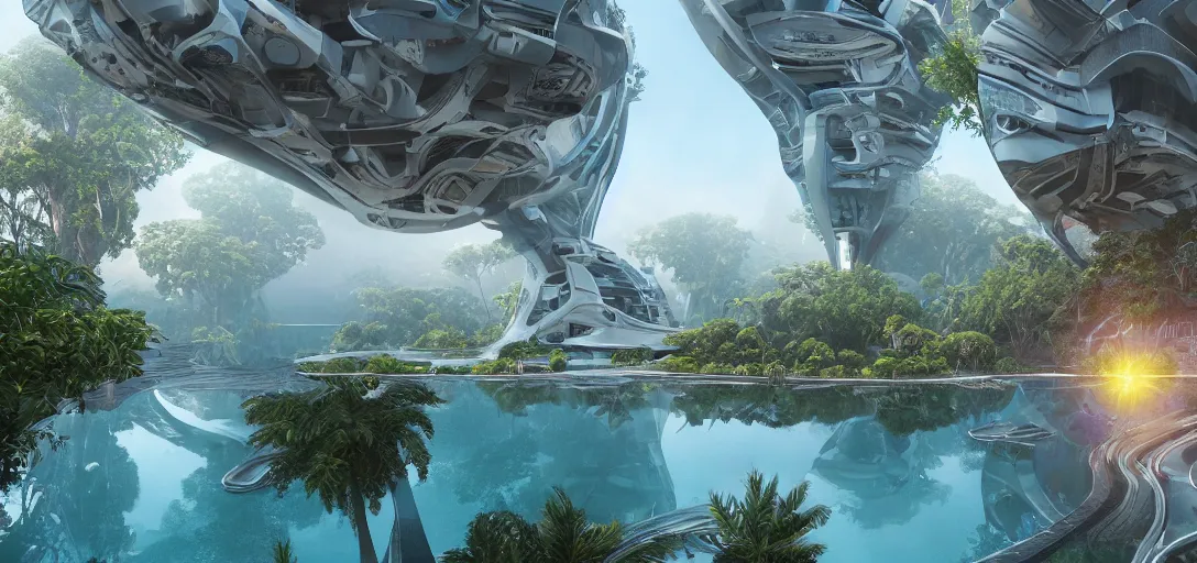 Prompt: highly detailed futuristic architecture by Félix Candela, reflective lighting, holographic, stylized vegetation, ground-level view, puddles of turquoise water, foggy atmosphere, stunning sunny lighting, sunrise, vivid colors, in the style of pixar animation, trending on Artstation, 8k, matte painting, ray tracing, hyper detailed, unreal engine 5, cinematic, epic lighting, cryengine, octane render, cyberpunk, red and orange glow, vibrant