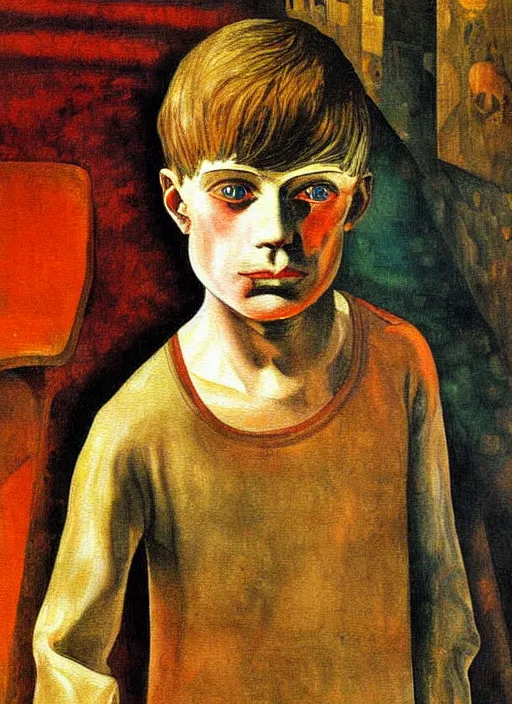 Image similar to detailed painting of a boy in a hall by otto dix, rich deep colors. masterpiece