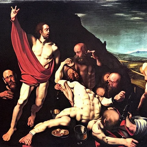 Image similar to the end of man painting with 2 1 savage in the middle apocalypse by caravaggio